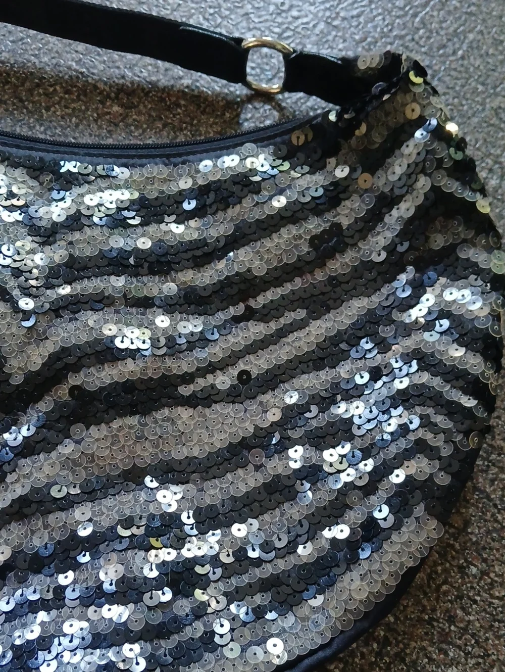 Le Sport Sac Sequin Zebra-Stripe Crescent Shoulder Bag - Black Silver